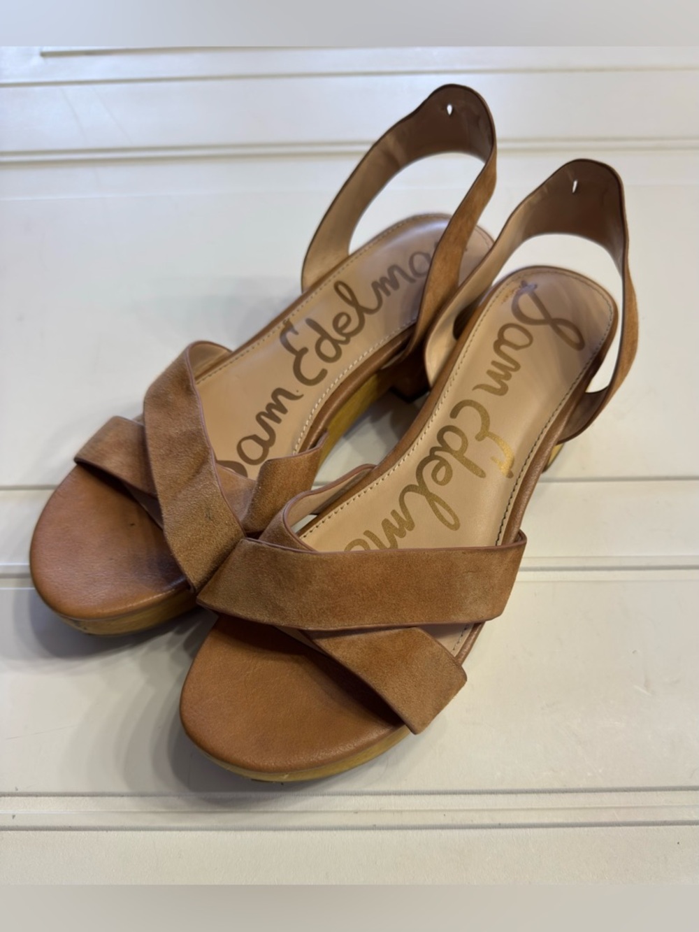 Sam Edelman Women’s Sz 8 Tan Yancy Wood Block Sandals (Scuffed Toes, See Photos) - Picture 1 of 8